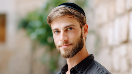 Close-up portrait of smiling young Jewish man, beard, and kippah in natural light.の素材