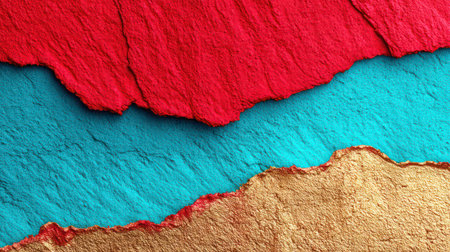 Abstract layered composition with red, turquoise blue, and gold textured waves creating dynamic artistic background.の素材