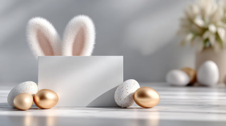 Minimalist Easter greeting card mockup with golden and speckled eggs, fluffy bunny ears, and a blank card on a luxurious white marble background.の素材