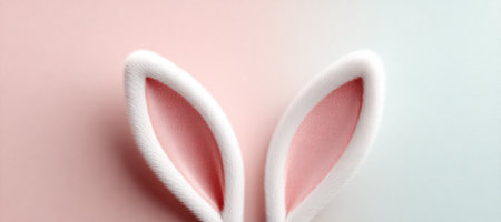 Fluffy white bunny ears emerge from the bottom edge of a soft, pastel pink and blue gradient background, creating a minimalist Easter border.の素材