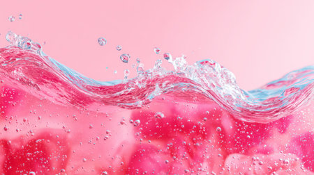 Flowing pink gel-like liquid with transparent spherical bubbles and sparkling light effects creating an abstract cosmetic texture.の素材