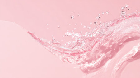 Flowing pink gel-like liquid with transparent spherical bubbles and sparkling light effects creating an abstract cosmetic texture.の素材