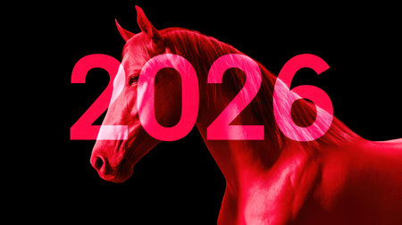 Majestic horse portrait with bold 2026 numbers on dramatic black background for Year of the Horse.の素材