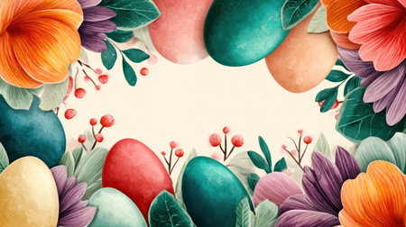 A dense, full-frame composition of watercolor Easter eggs and stylized spring flowers in rich pastel tones, accented with gold glitter and a soft watercolor wash background. This vibrant pattern is ideal for full-bleed backgrounds, festive wallpaper, wrapping paper, and abstract spring textures.の素材