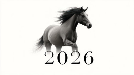 Majestic horse portrait with bold 2026 numbers on dramatic black background for Year of the Horse.の素材