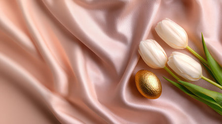 A clean, minimalist composition featuring a single golden Easter egg next to a bouquet of white tulips on a soft pink background, perfect for elegant product photography, sophisticated holiday promotions, and chic spring design templates.の素材