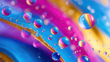 A vibrant abstract composition of blue, purple, and gold liquid art with dynamic splashes and floating bubbles, creating a sense of energy and luxury.の素材