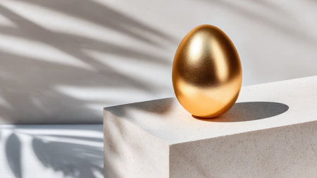 A striking, minimalist composition featuring a single golden Easter egg against a neutral wall, dramatically highlighted by the shadow of a palm leaf, ideal for modern product displays, abstract art blogs, and contemporary Easter campaigns.の素材