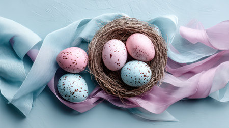 A charming flat lay of speckled blue and white quail-like Easter eggs nestled in a natural straw nest, surrounded by flowing pastel ribbons on a light blue background, perfect for traditional holiday blogs, family-focused marketing, and springtime craft tutorials.の素材