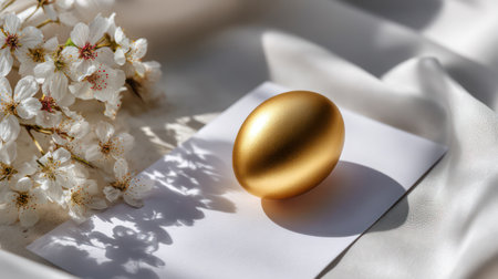 A striking, minimalist composition featuring a single golden Easter egg against a neutral beige wall, dramatically highlighted by a striped shadow, ideal for luxury brand marketing, modern product displays, and sophisticated Easter campaigns.の素材