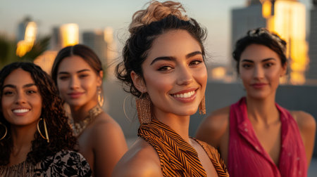 A joyful group of diverse young women laughing together in warm golden sunlight, radiating friendship and happiness.の素材