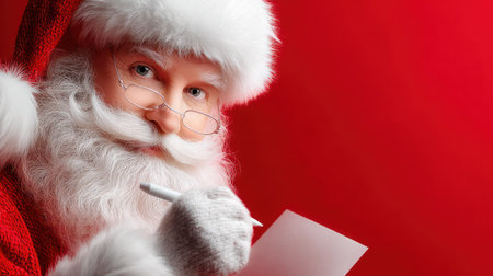 Santa Claus wearing glasses carefully writes on paper with a pen, captured in a close-up shot against a red background.の素材
