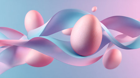 A vibrant, modern 3D abstract composition featuring smooth pastel eggs and a flowing, iridescent ribbon in pink, purple, and blue against a light blue background, ideal for contemporary digital art, high-tech presentations, and abstract spring marketing campaigns.の素材
