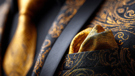 A close-up of a sophisticated black suit accessorized with a shimmering golden tie and matching pocket squareの素材