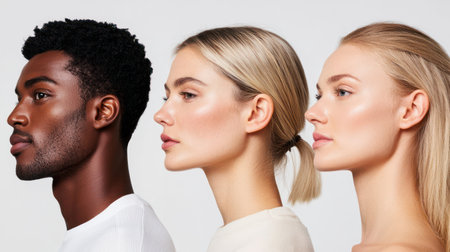 young adults with varying skin tones from dark to light stand in close profile view, gazing forward with smooth complexions against a white background.の素材