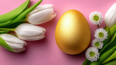 A clean, minimalist composition featuring a single golden Easter egg next to a bouquet of white tulips on a soft pink background, perfect for elegant product photography, sophisticated holiday promotions, and chic spring design templates.の素材
