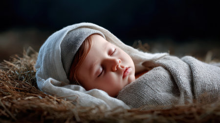 Tender portrait of baby Jesus peacefully sleeping in manger wrapped in cream fabric on straw depicting traditional Christmas nativity scene with warm lighting.の素材