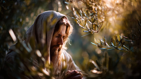 A serene depiction of Jesus Christ in a garden at sunrise, with gentle light filtering through the olive leaves, symbolizing prayer and contemplationの素材
