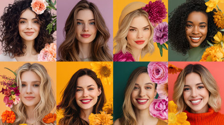 A collage of headshots featuring beautiful, smiling young women of diverse appearances holding various colorful flowers, symbolizing beauty and diversity.の素材