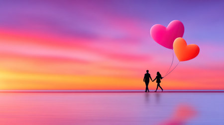 A deeply romantic image of a couple holding hands and walking away, silhouetted against a vibrant, glowing sunset sky, with two red heart balloons, perfect for Valentine's Day promotions, relationship blogs, and emotional advertising campaigns.の素材