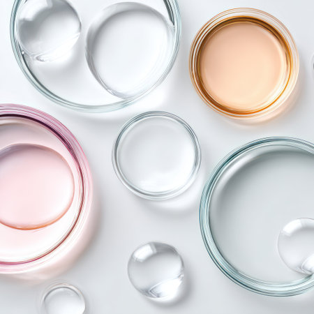 Multiple glass petri dishes containing colorful liquids in pink, blue, orange, and clear arranged on white background from above.の素材