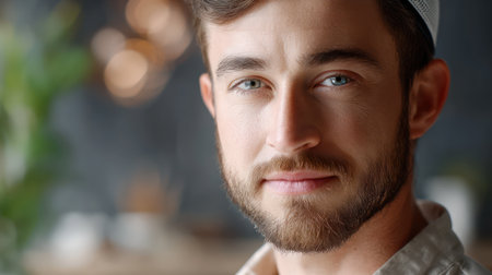 Close-up portrait of smiling young Jewish man, beard, and kippah in natural light.の素材