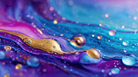 A vibrant abstract fluid art background featuring flowing blue, gold, and magenta colors, resembling marble or resin art from a top-down perspective.の素材