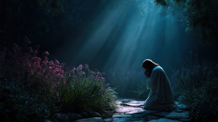 Jesus Christ kneeling in prayer at night in the Garden of Gethsemaneの素材