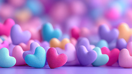 A beautiful, soft-focus close-up of small, smooth pastel pink and lavender heart shapes scattered on a surface, with a dreamy bokeh background, conveying gentle romance and affection, perfect for subtle holiday branding and intimate social media posts.の素材