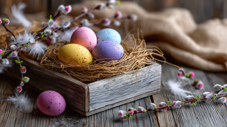 A charming, rustic close-up of a straw nest filled with speckled pastel eggs and soft feathers, accented by pussy willow branches on a weathered wooden table, perfect for traditional holiday blogs, cozy greeting cards, and authentic spring promotions.の素材