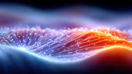 A beautiful, abstract visualization of flowing, organic waves in soft purple and orange hues, sprinkled with glowing gold particles, representing the vast, complex data and creativity of a Large Language Model (LLM) or digital thought process, excellent for conceptual AI marketing and design.の素材