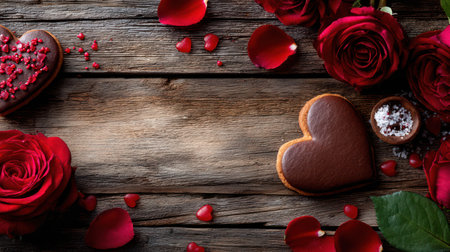 A charming, rustic flat lay featuring a frame of red roses, petals, and chocolate-frosted heart cookies on a weathered wooden background, leaving central copy space, ideal for cozy holiday blogs, traditional greeting cards, and food-related promotions.の素材