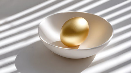 A striking, minimalist composition featuring a single golden Easter egg against a neutral beige wall, dramatically highlighted by a striped shadow, ideal for luxury brand marketing, modern product displays, and sophisticated Easter campaigns.の素材