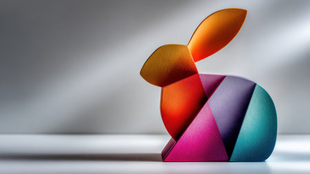 Striking, colorful, polygonal rabbit sculpture with a geometric design, perfect for modern Easter and spring promotions.の素材
