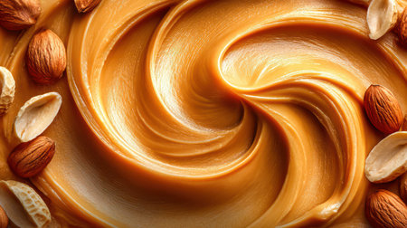Abstract swirls of rich peanut butter intertwine with embedded whole peanuts on a textured base, creating a visually appealing macro view for food photography and recipe visuals.の素材