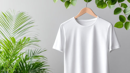 Clean and modern mockup of a blank white t-shirt hanging on a wooden hanger against a textured light gray wall, complemented by vibrant green foliage. Perfect for fashion brands, eco-conscious designers, or print-on-demand businesses. Offers ample space for logo, graphic, or text placement. Evokes simplicity, sustainability, and natural elegance - ideal for 2025-2026 trends in slow fashion, biophilic design, and minimalist branding.の素材