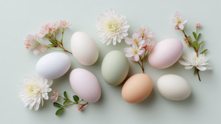 A beautiful, elegant flat lay of smooth pastel eggs (pink, green, white, lavender) framed by delicate white cherry blossom branches on a soft, neutral beige background, ideal for sophisticated spring wedding invitations, feminine branding, and elegant holiday content.の素材