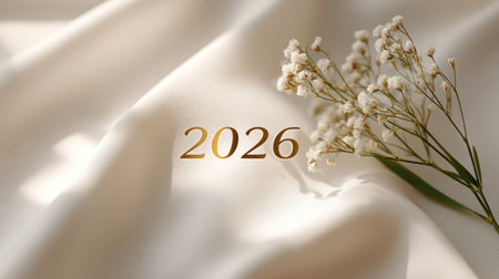 Sleek golden 2026 numerals on white textured fabric surface in minimalist elegant style.の素材
