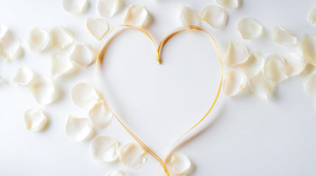Elegant flat lay featuring a delicate heart shape crafted from a golden ribbon, surrounded by scattered white rose petals on a pure white background. Perfect for Valentines Day, wedding invitations, anniversary cards, or luxury beauty brands. Evokes romance, purity, and timeless love. Ideal for branding, social media, and editorial use. Aligns with 2025-2026 trends in romantic minimalism, soft luxury, and symbolic storytelling.の素材