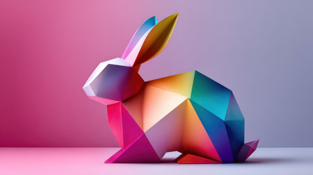 Striking, colorful, polygonal rabbit sculpture with a geometric design, perfect for modern Easter and spring promotions.の素材