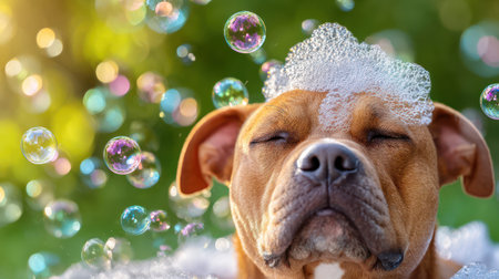 A joyful and playful close-up capturing a happy, light brown dog being bathed outdoors, with a refreshing splash of water and soap suds on its head, surrounded by floating bubbles and warm sunlight bokeh, perfect for pet care product marketing, veterinary blogs, and family lifestyle content.の素材