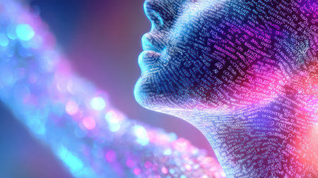 A powerful, abstract concept of Artificial Intelligence and communication, featuring a glowing human profile and hand composed of digital data, code, and particles on a dark blue background, ideal for high-tech presentations, digital security, and futuristic marketing.の素材