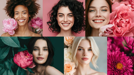 A collage of headshots featuring beautiful, smiling young women of diverse appearances holding various colorful flowers, symbolizing beauty and diversity.の素材