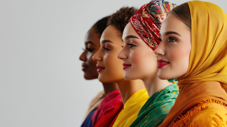 A diverse group of adults from various ethnic backgrounds stand in profile, gazing forward in colorful traditional attire against a neutral background.の素材