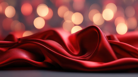 An elegant, close-up background of richly draped, silky red fabric with a soft focus and shimmering golden bokeh lights, conveying luxury and passion, ideal for high-end Valentine's Day marketing, romantic event invitations, and sophisticated product displays.の素材