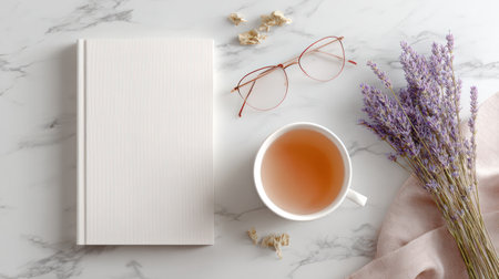 Top-down view of a clean, minimalist flat lay featuring a closed white book, elegant reading glasses, a cup of tea, and soft dried flowers on a luxurious marble background. Ideal for book cover mockups, branding, website headers, and social media visuals. Designed to evoke tranquility, focus, and modern elegance - perfect for 2025-2026 design trends in wellness and creative industries.の素材