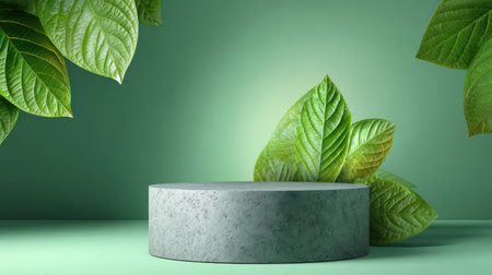 A natural stone and concrete product display podium set against a vibrant green background with fresh green leaves, ideal for eco-friendly product mockups.の素材