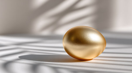 A striking, minimalist composition featuring a single golden Easter egg against a neutral wall, dramatically highlighted by the shadow of a palm leaf, ideal for modern product displays, abstract art blogs, and contemporary Easter campaigns.の素材