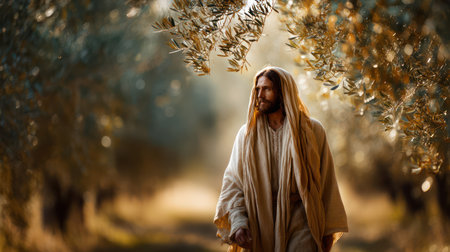 Serene image of Jesus Christ in white robe walking through sunlit olive tree garden with golden bokeh creating a peaceful spiritual religious atmosphere.の素材