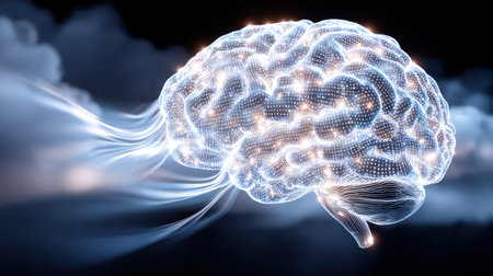 A stunning 3D abstract representation of a digital brain, glowing with blue and purple light and connected by fiber-optic-like strands, resting on abstract waves, symbolizing a Large Language Model (LLM) or complex neural network, perfect for advanced AI and neuroscience topics.の素材